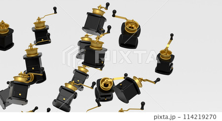 Many of flying manual wooden coffee grinder on white background. 114219270