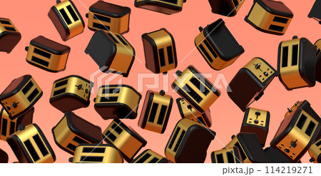 Many of flying toaster for making toast bread on a orange background. 114219271
