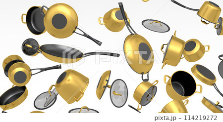 Many of flying frying pan with glass lid on white background, non-stick 114219272