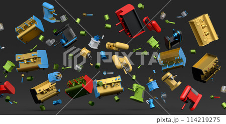 Many of flying espresso machine with horn, cups, geyser coffee maker and grinder Many of flying espresso machine with horn, cups, geyser coffee maker and grinder 114219275