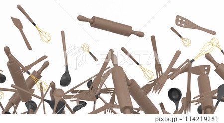 Many of flying kitchen utensils, tools and equipment on white background. Many of flying kitchen utensils, tools and equipment on white background. 114219281
