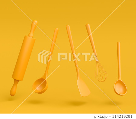 Wooden kitchen utensils, tools and equipment on yellow monochrome background. 114219291