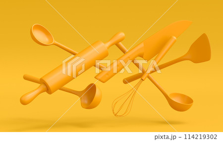 Wooden kitchen utensils, tools and equipment on yellow monochrome background. Wooden kitchen utensils, tools and equipment on yellow monochrome background. 114219302