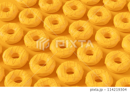 Isometric view of glazed donut with sprinkles on plain monochrome yellow color 114219304