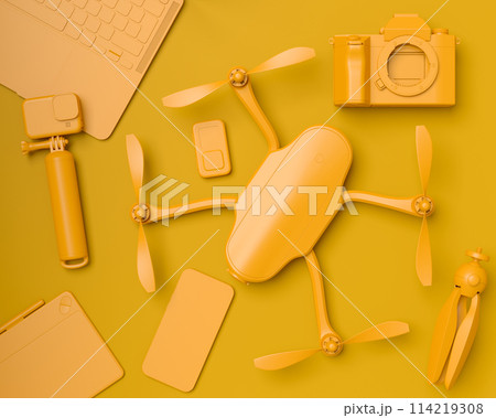 Top view of designer workspace and photography gear on monochrome table 114219308
