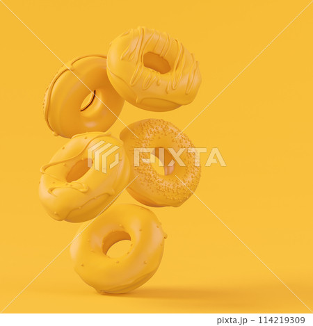 Chocolate glazed donut with sprinkles on plain monochrome yellow color 114219309