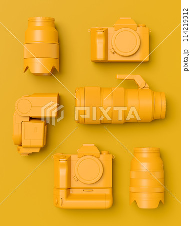 Top view of designer workspace and photography gear on monochrome table Top view of designer workspace and photography gear on monochrome table 114219312