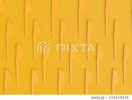 Set of disposable utensils like plate, folk, spoon,knife, cup and pepper mill 114219316
