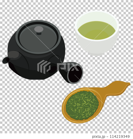 急須とお茶と茶葉と湯のみのアイコンのイラスト　ベクター 114219349