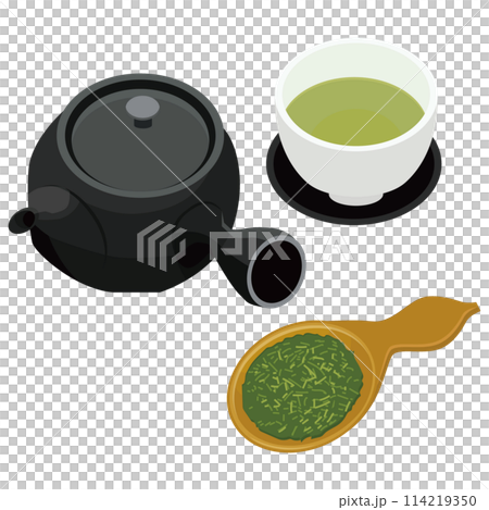 急須とお茶と茶葉と湯のみのアイコンのイラスト　ベクター 114219350