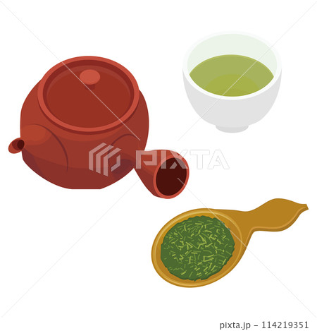 急須とお茶と茶葉と湯のみのアイコンのイラスト　ベクター 114219351
