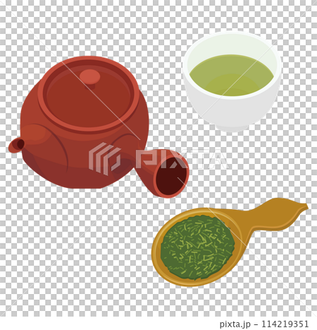 急須とお茶と茶葉と湯のみのアイコンのイラスト　ベクター 114219351