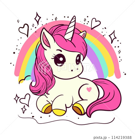 Cute cartoon unicorn with rainbow background. Vector illustration of an animal with stars and hearts. Hand drawn art Cute cartoon unicorn with rainbow background. Vector illustration of an animal with stars and hearts. Hand drawn art 114219388