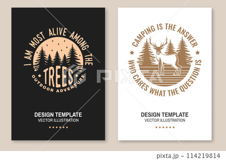 Set of camping poster design. Vector. Outdoor adventure. Design with elk and forest landscape Set of camping poster design. Vector. Outdoor adventure. Design with elk and forest landscape 114219814