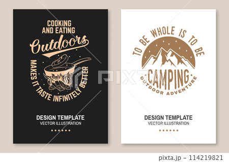 Set of camping poster design. Vector. Outdoor adventure. Design with forest, mountains, steak in a pan and campfire Set of camping poster design. Vector. Outdoor adventure. Design with forest, mountains, steak in a pan and campfire 114219821