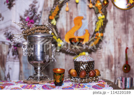 spring Cake And Colorful Eggs For Easter  114220189