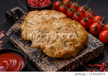 Delicious fried minced chicken cutlets with salt, spices and herbs 114220372