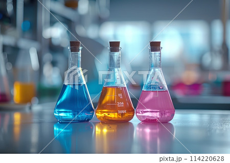 Vibrant Chemical Solutions in Laboratory Flasks on Display 114220628