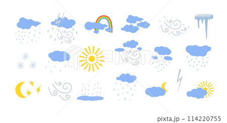 Weather elements set sun, wind, rain, fog, clouds cute hand drawn doodle minimalist vector illustration, simple symbol to describe weather, environment, climate cartoon object, weather forecast image 114220755