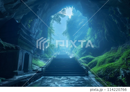Ancient Stone Steps Leading to a Mystical Cave Entrance 114220766