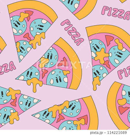 Cute groovy pizza slices seamless pattern. Pepperoni cheese pizza background for fast food, delivery, package. Cute groovy pizza slices seamless pattern. Pepperoni cheese pizza background for fast food, delivery, package. 114221089