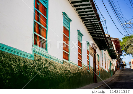 Beautiful streets at the historical downtown of the heritage town of Salamina located at the Caldas department in Colombia. 114221537