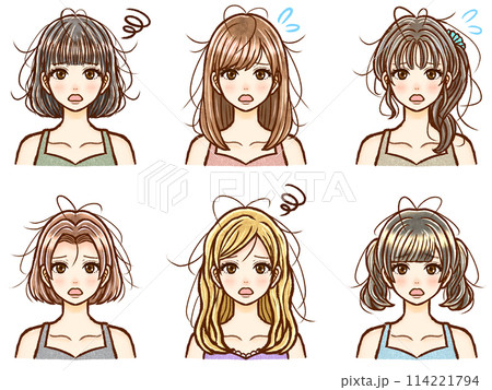 様々な髪型のくせ毛に悩む大人女性のイラスト素材セット 様々な髪型のくせ毛に悩む大人女性のイラスト素材セット 114221794