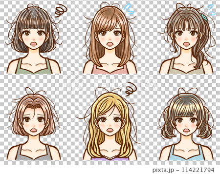 様々な髪型のくせ毛に悩む大人女性のイラスト素材セット 様々な髪型のくせ毛に悩む大人女性のイラスト素材セット 114221794