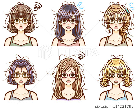様々な髪型のくせ毛に悩む大人女性のイラスト素材セット3 114221796