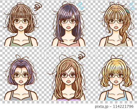 様々な髪型のくせ毛に悩む大人女性のイラスト素材セット3 114221796