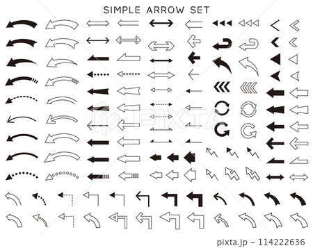 矢印のベクターイラストセット。やじるし、線、線画、アイコン、シンプル 114222636