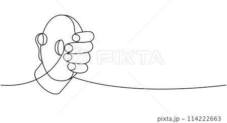 Hand holding a donut one line continuous drawing. Bakery sweet pastry food. Vector linear illustration. 114222663