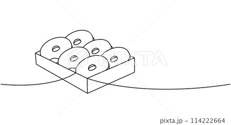 Glazed donuts in box one line continuous drawing. Bakery sweet pastry food. Vector linear illustration. 114222664
