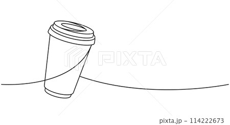 Coffee takeaway cup one line continuous drawing. Hand drawn elements for cafe menu, coffee shop. Vector linear illustration. 114222673