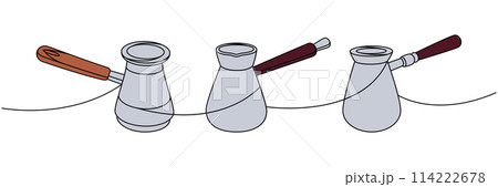 Turkish coffee pots one line colored continuous drawing. Hand drawn elements for cafe menu, coffee shop. Vector linear illustration. 114222678