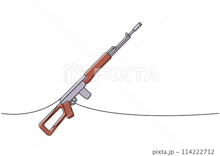 Sniper rifle, sniper firearm one line colored continuous drawing. Various modern weapons continuous one line illustration. Vector linear illustration. 114222712