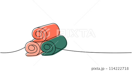 Towels for bathroom one line colored continuous drawing. Cleaning service tools continuous one line illustration. Vector linear illustration. 114222718