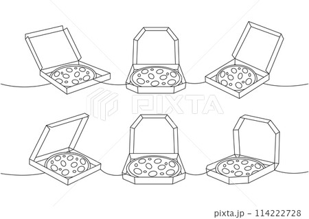 Set of pizza in boxes one line continuous drawing. Traditional italian fast food continuous one line illustration. Vector linear illustration. Set of pizza in boxes one line continuous drawing. Traditional italian fast food continuous one line illustration. Vector linear illustration. 114222728
