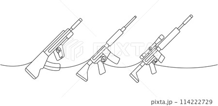 Tactical assault rifles set one line continuous drawing. Various modern weapons continuous one line illustration. Vector linear illustration. Tactical assault rifles set one line continuous drawing. Various modern weapons continuous one line illustration. Vector linear illustration. 114222729