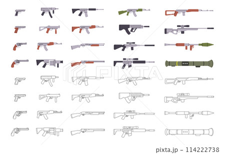 Tactical assault rifles. Military weapons silhouettes. Various modern weapons. Smoothbore guns, AK 47, sniper rifles, anti-tank grenade launchers. Tactical assault rifles. Military weapons silhouettes. Various modern weapons. Smoothbore guns, AK 47, sniper rifles, anti-tank grenade launchers. 114222738