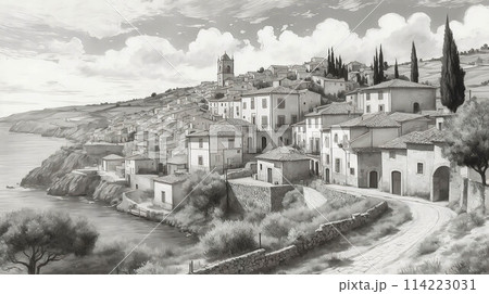 pencil sketch hand drawn beautiful landscape for card, and content creation 114223031