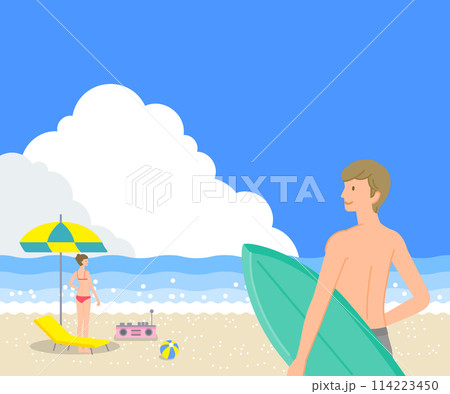 夏の素材：海で入道雲が出た青空を笑顔で見上げる水着の若い男女（男性メイン） 114223450