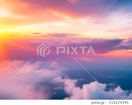 Dramatic amazing sky and clouds from above at sunset. Colorful pastel sky 114224345