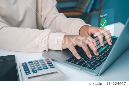 Business people using computer, online payment, banking, online shopping, Digital online payment concept. Technology online banking applications via internet network. financial transaction. 114224667