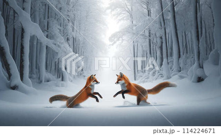 雪の森で遊ぶキツネのペアを捉えた野生生物写真 114224671
