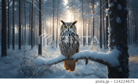 夕暮れ時の雪景色の松林で、厳かなフクロウを捉えた野生生物写真 114224675