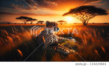 夕日のサバンナで休むチーターを捉えた野生生物写真 夕日のサバンナで休むチーターを捉えた野生生物写真 114224681