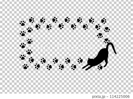 伸びをするねこと足跡の飾り枠　モノクロ 114225006