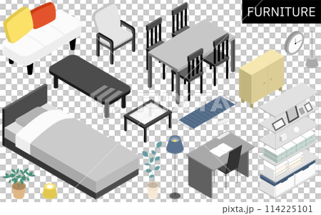 新生活で必要な家具のアイソメトリックイラスト 114225101