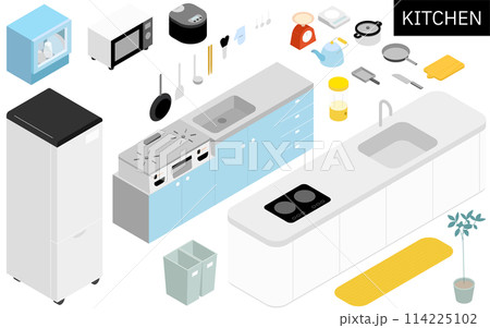 新生活で必要なキッチン用品のアイソメトリックイラスト 114225102
